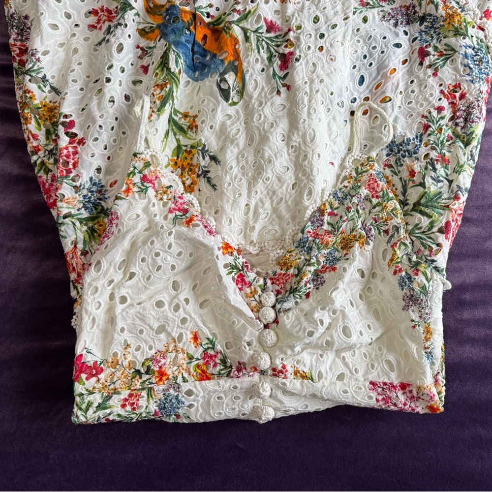 FARM RIO Delicate Forest Scarves Midi Dress XS Eyelet Lace Asymmetric Hi Low - Picture 13 of 14